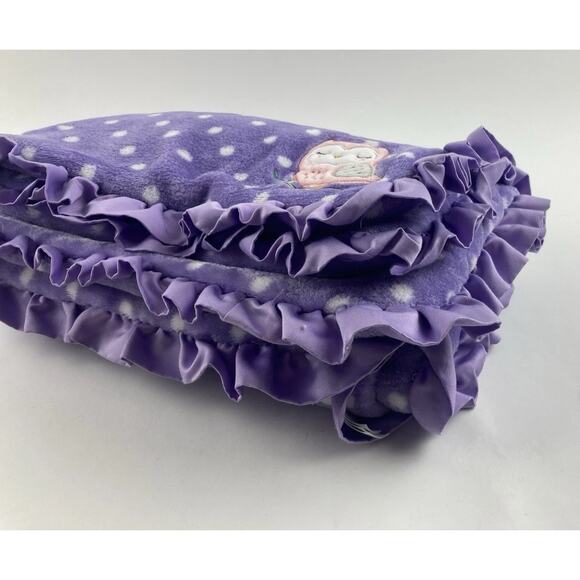 HTF Carters Purple white polkadot Pink Owl blanket satin ruffle edge Plush Thick - Picture 9 of 10